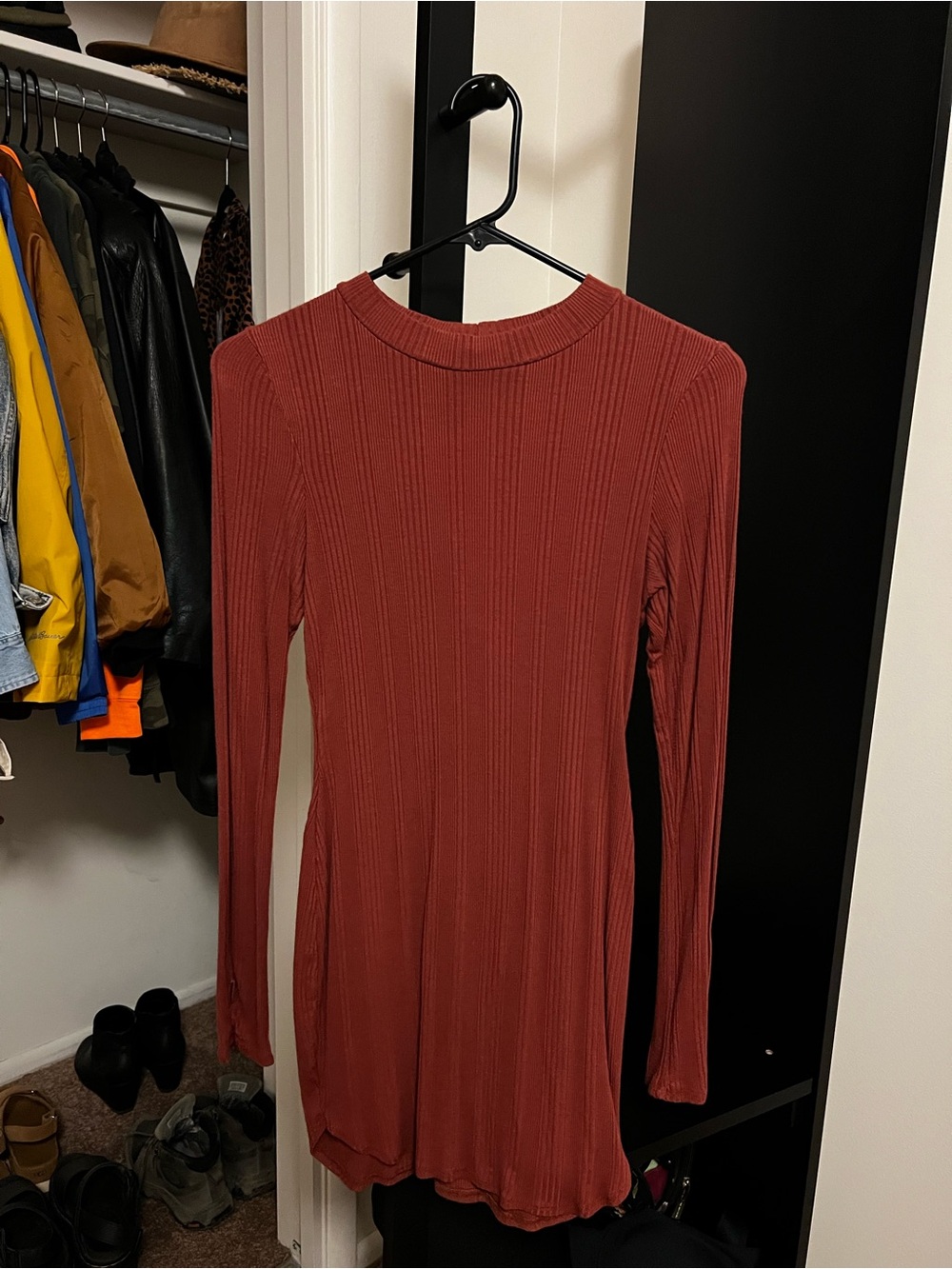 Ribbed Long Sleeve Dress - Rust Red